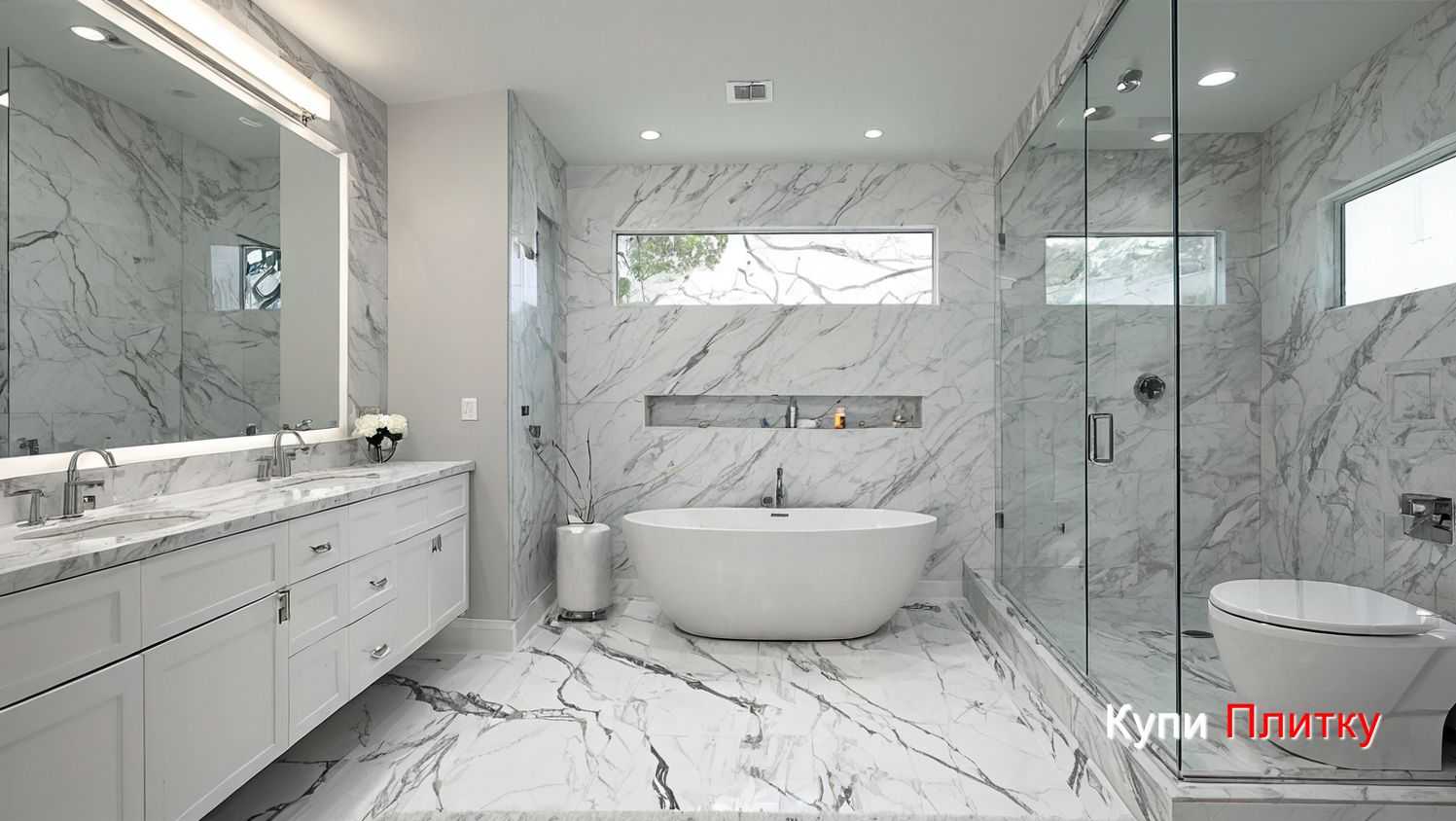 Плитка под мрамор в ванной: сочетание с чёрной сантехникой
