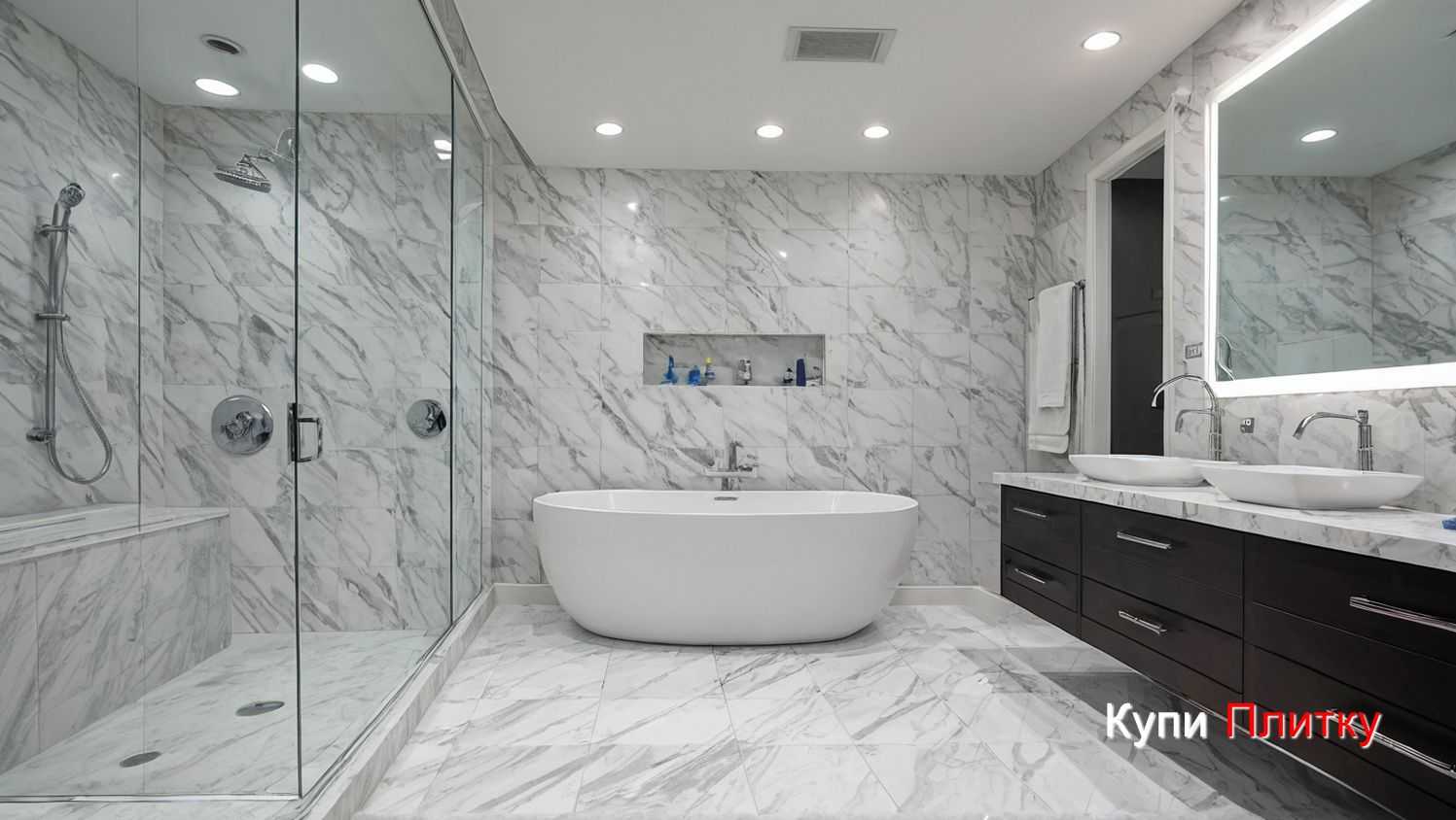 Плитка под мрамор в ванной: как выбрать под освещение без окон
