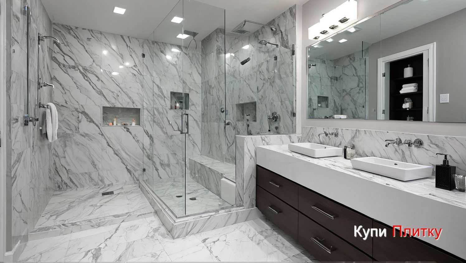 Напольная плитка под мрамор в ванной - как оформить душевую зону