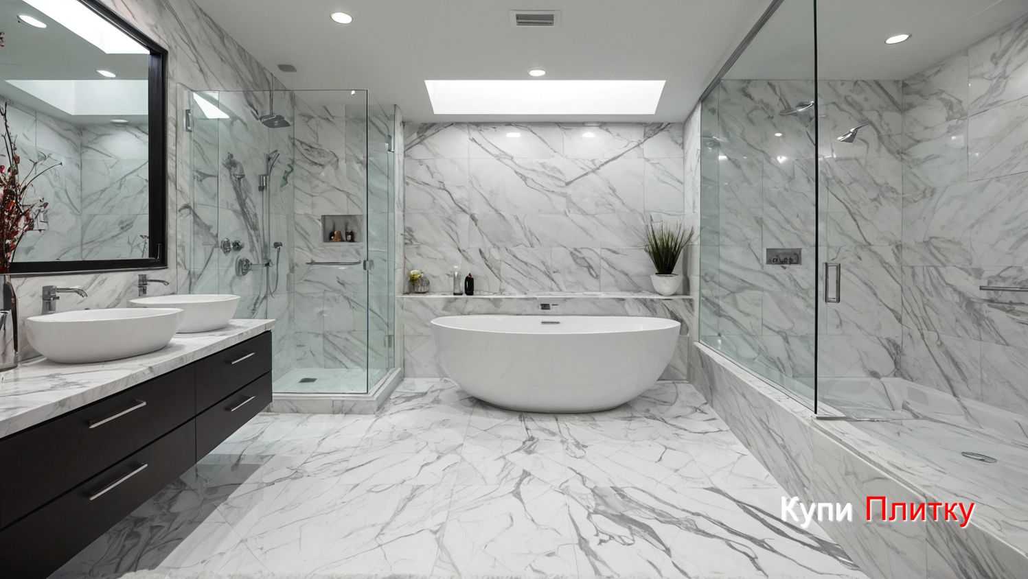 Имитация белого мрамора в ванной: напольная плитка и подсветка