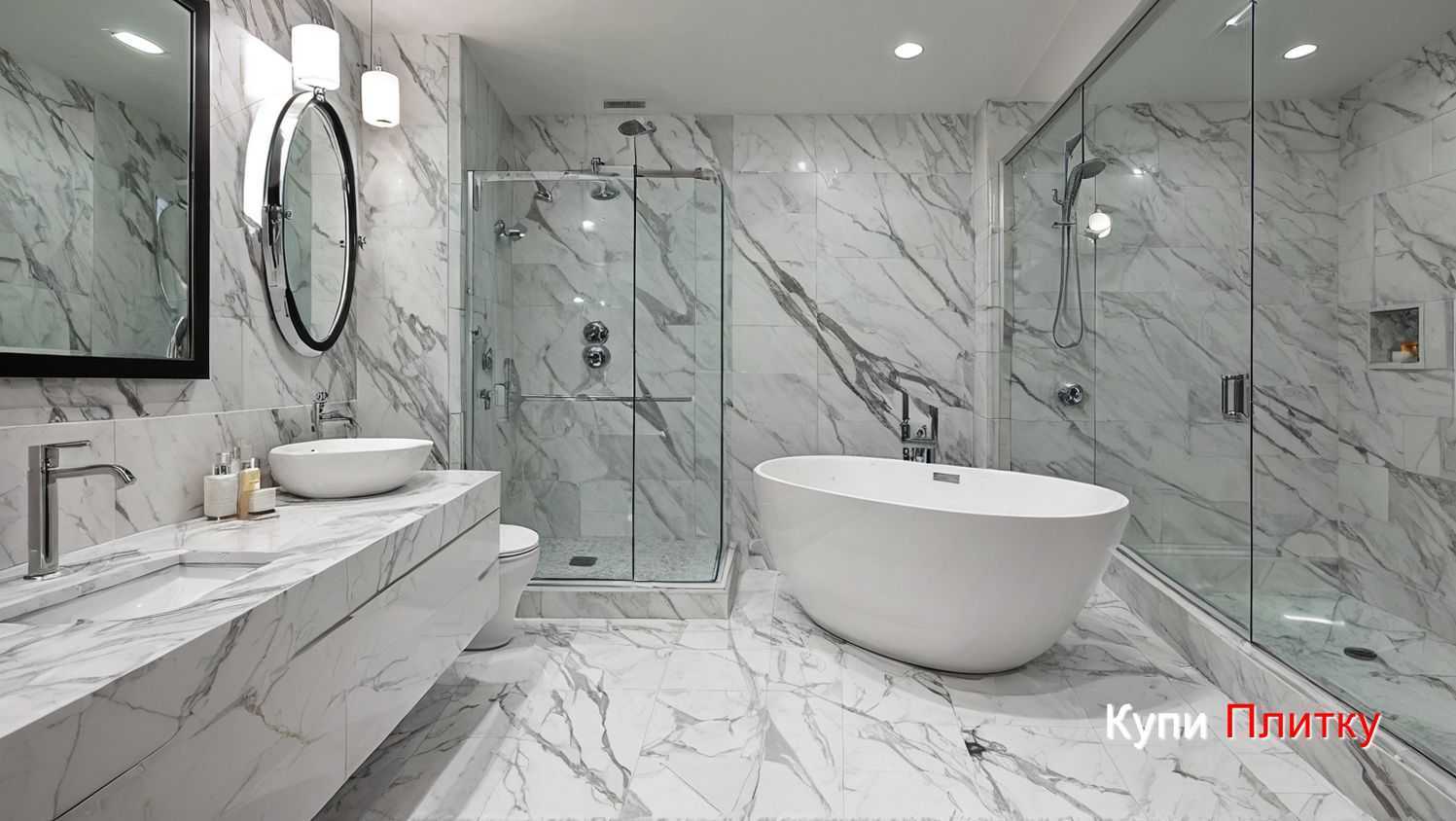 Светлая плитка под мрамор в ванной: как создать эффект пространства