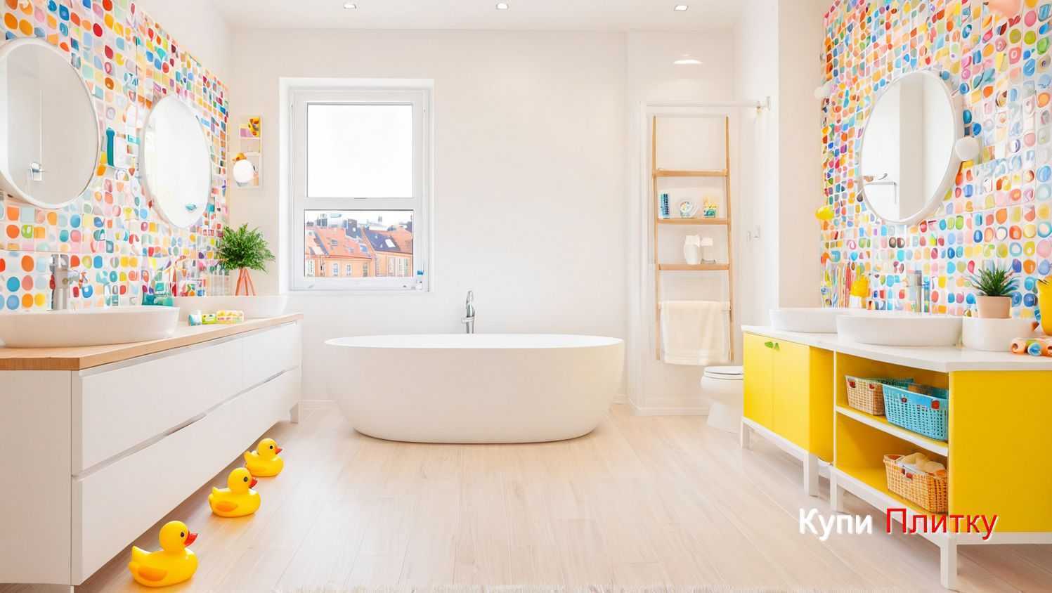 Керамическая плитка в детской ванной: комбинирование с декоративной штукатуркой